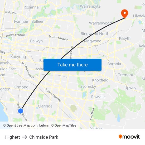 Highett to Chirnside Park map