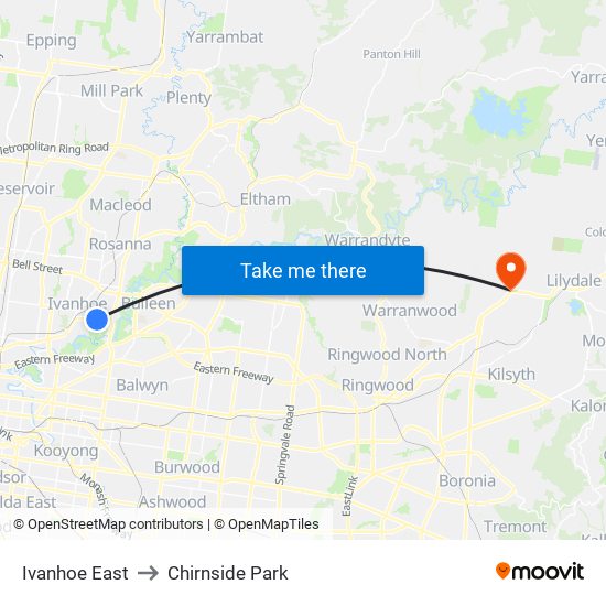 Ivanhoe East to Chirnside Park map