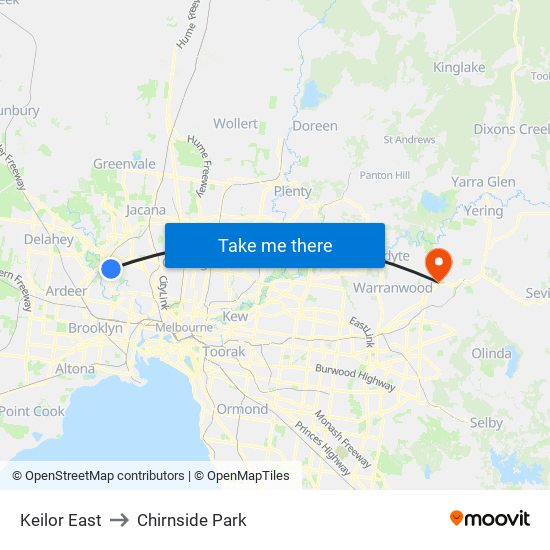 Keilor East to Chirnside Park map