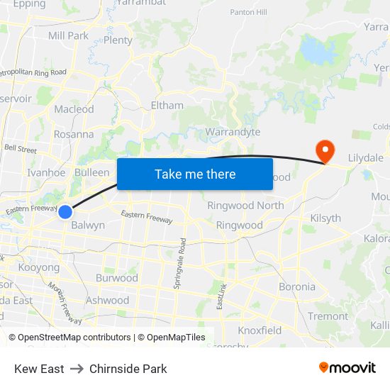 Kew East to Chirnside Park map