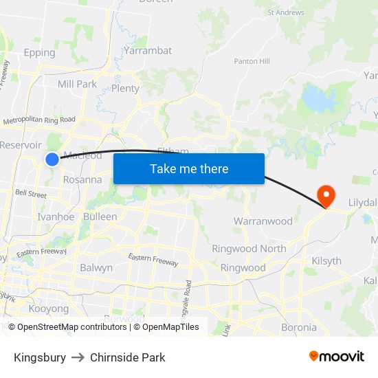 Kingsbury to Chirnside Park map