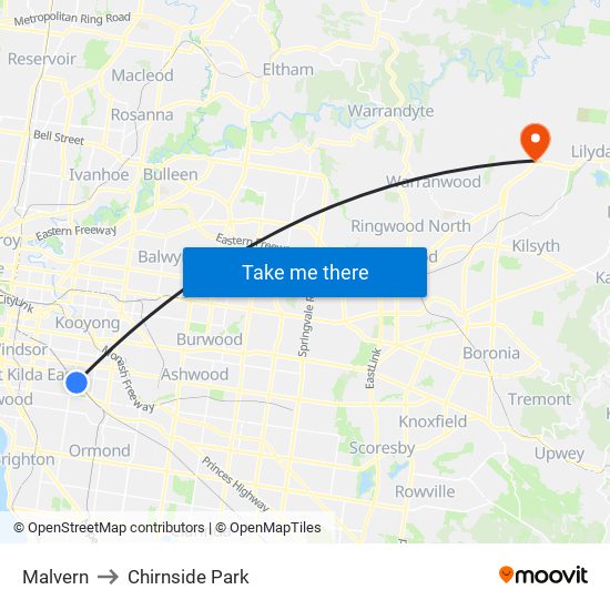 Malvern to Chirnside Park map