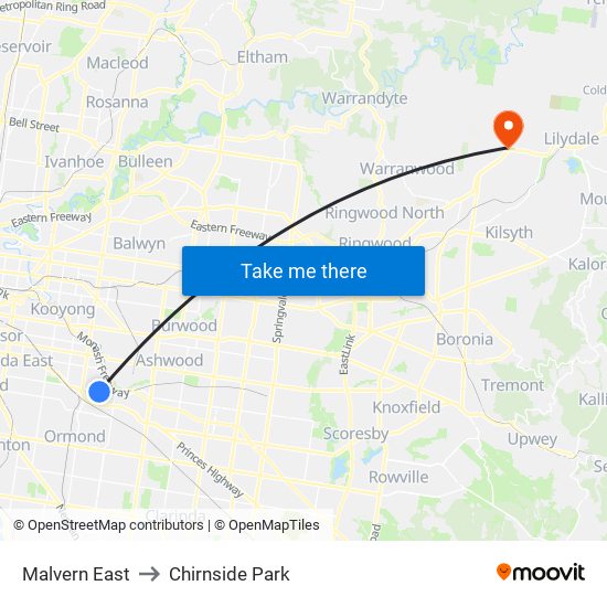 Malvern East to Chirnside Park map