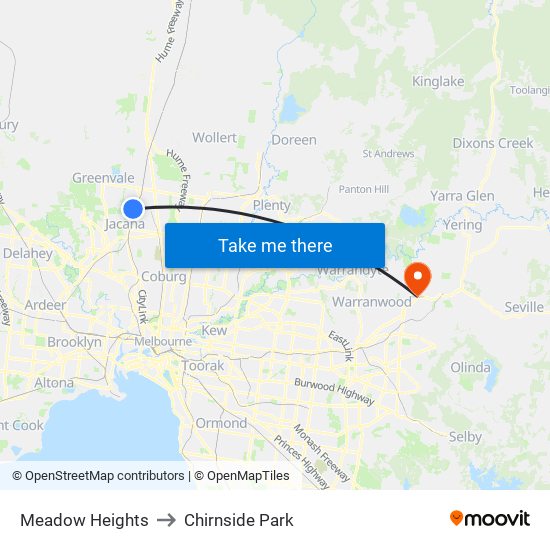 Meadow Heights to Chirnside Park map