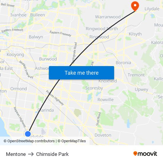 Mentone to Chirnside Park map