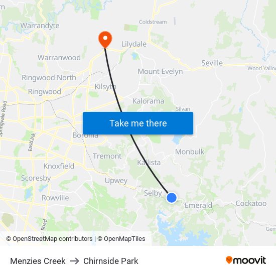 Menzies Creek to Chirnside Park map