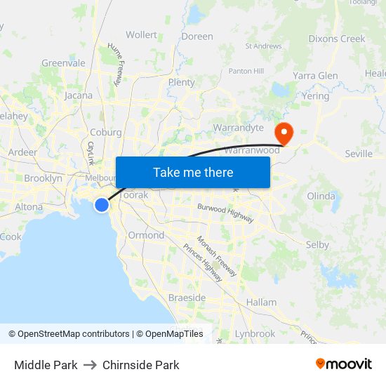 Middle Park to Chirnside Park map