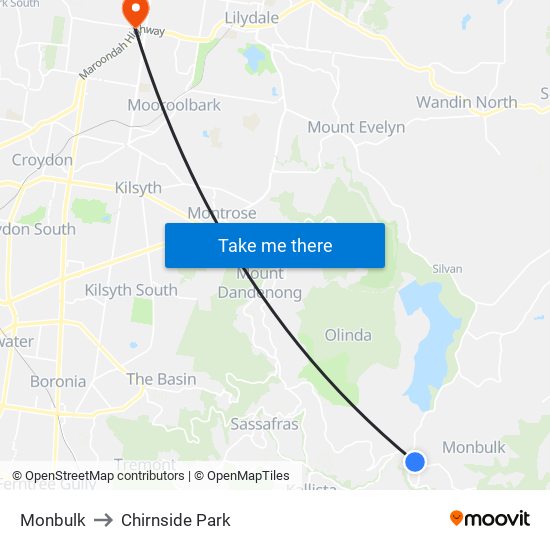 Monbulk to Chirnside Park map