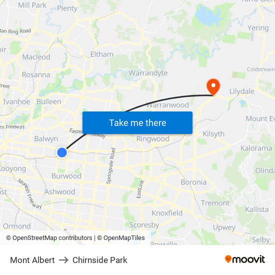 Mont Albert to Chirnside Park map