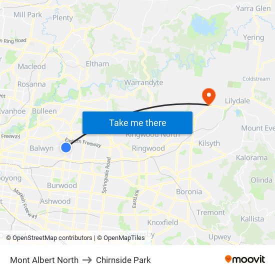 Mont Albert North to Chirnside Park map
