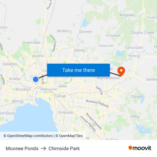 Moonee Ponds to Chirnside Park map