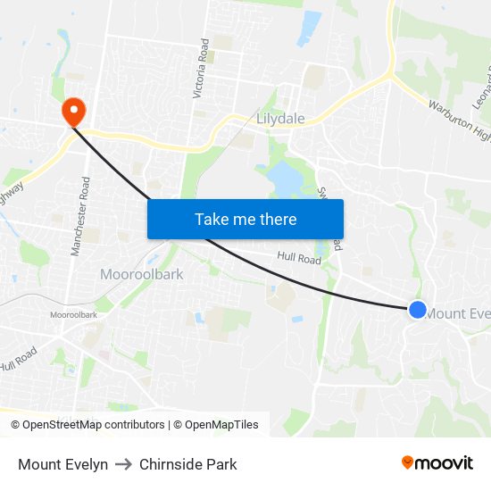 Mount Evelyn to Chirnside Park map