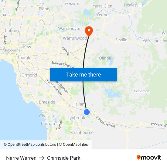 Narre Warren to Chirnside Park map