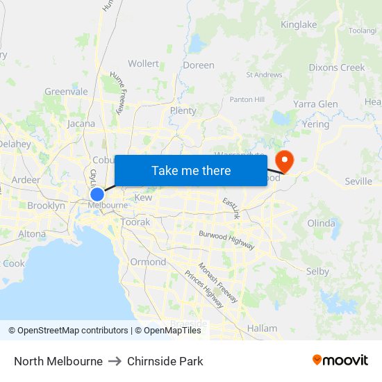 North Melbourne to Chirnside Park map