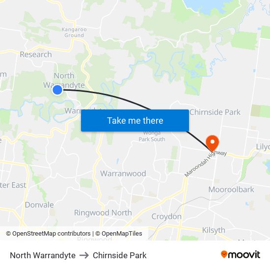 North Warrandyte to Chirnside Park map