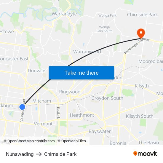 Nunawading to Chirnside Park map