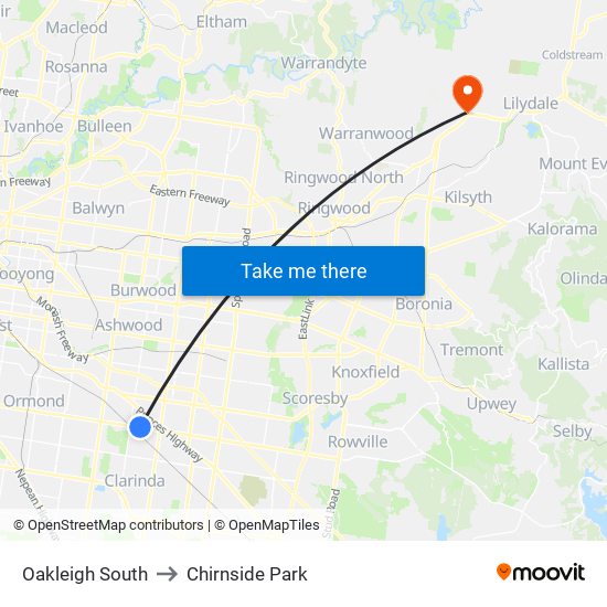 Oakleigh South to Chirnside Park map