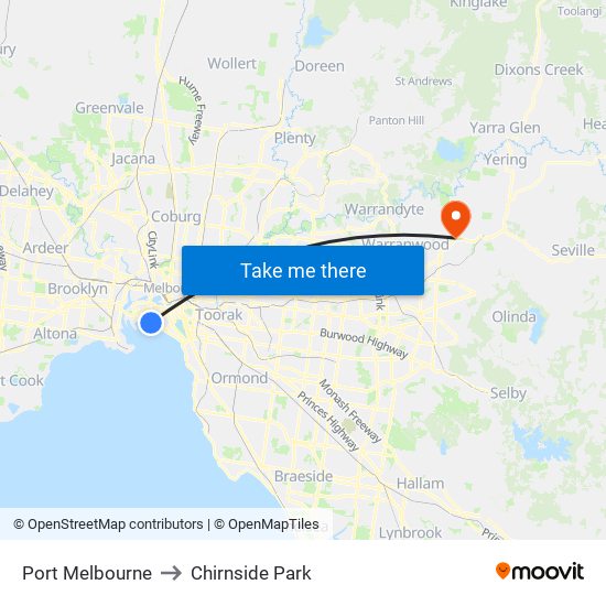 Port Melbourne to Chirnside Park map