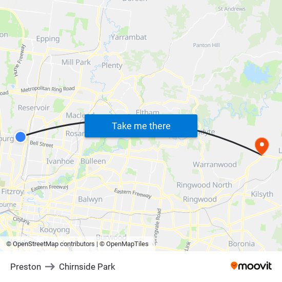 Preston to Chirnside Park map