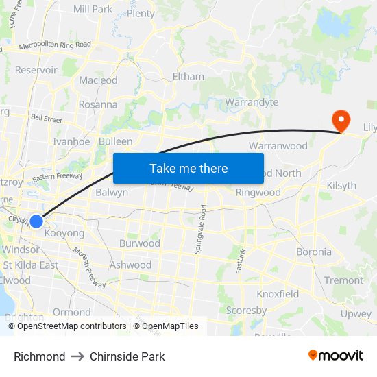 Richmond to Chirnside Park map