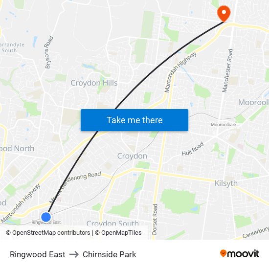 Ringwood East to Chirnside Park map