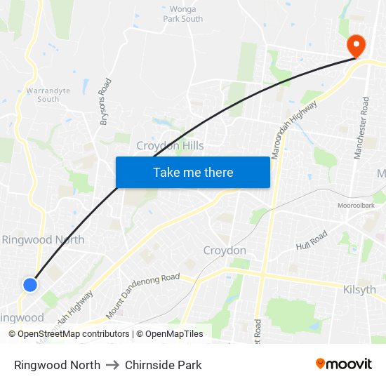 Ringwood North to Chirnside Park map