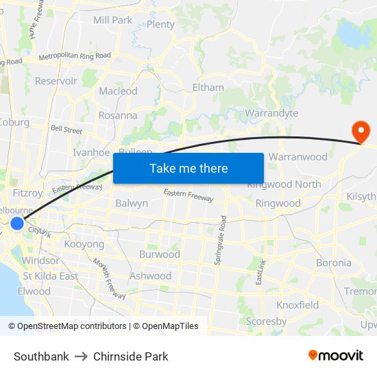 Southbank to Chirnside Park map