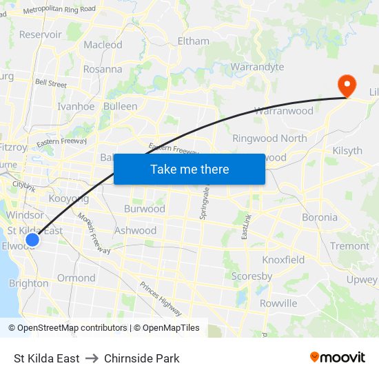 St Kilda East to Chirnside Park map