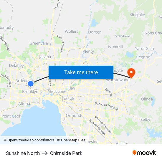 Sunshine North to Chirnside Park map