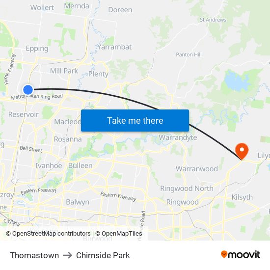 Thomastown to Chirnside Park map