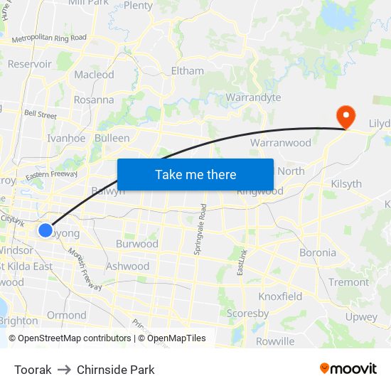 Toorak to Chirnside Park map
