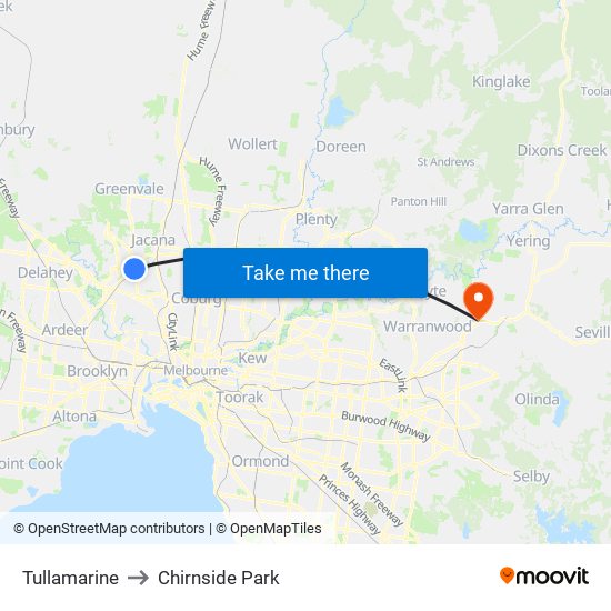 Tullamarine to Chirnside Park map