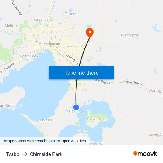 Tyabb to Chirnside Park map