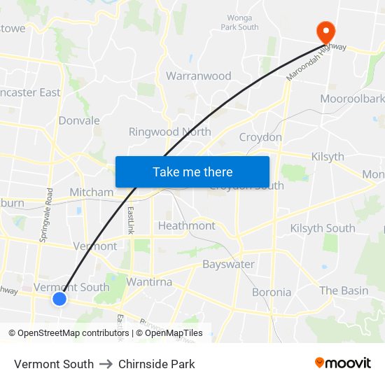 Vermont South to Chirnside Park map