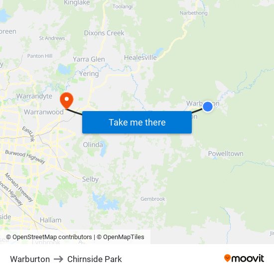 Warburton to Chirnside Park map