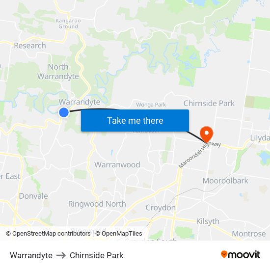 Warrandyte to Chirnside Park map