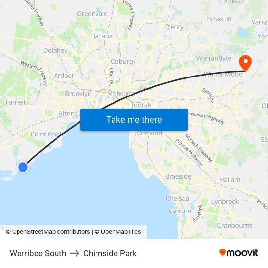 Werribee South to Chirnside Park map