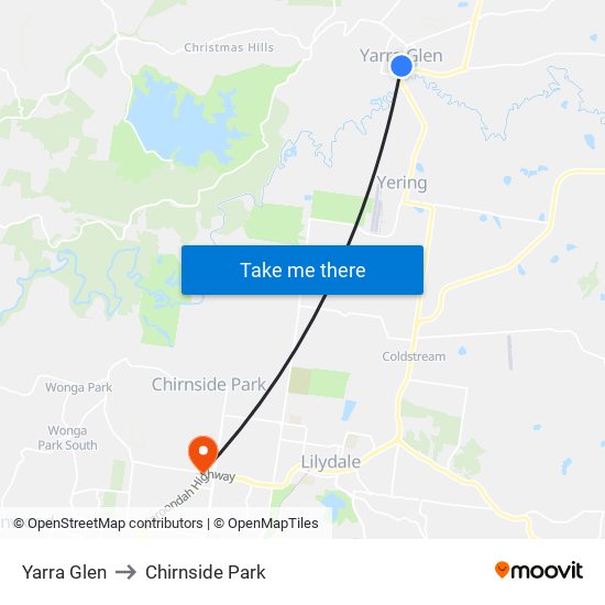 Yarra Glen to Chirnside Park map