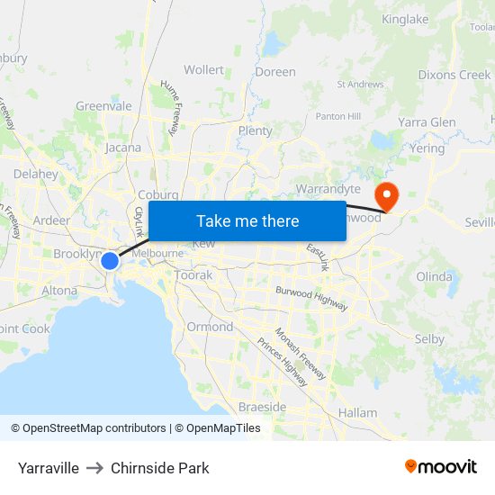 Yarraville to Chirnside Park map