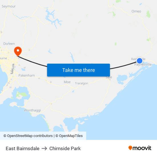 East Bairnsdale to Chirnside Park map