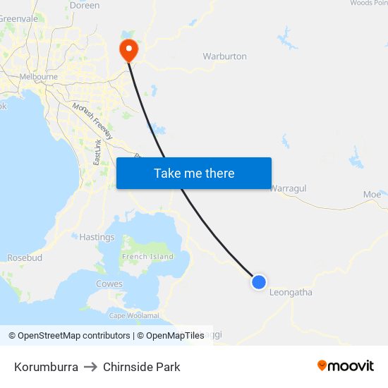 Korumburra to Chirnside Park map