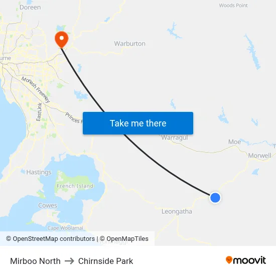 Mirboo North to Chirnside Park map