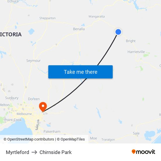 Myrtleford to Chirnside Park map