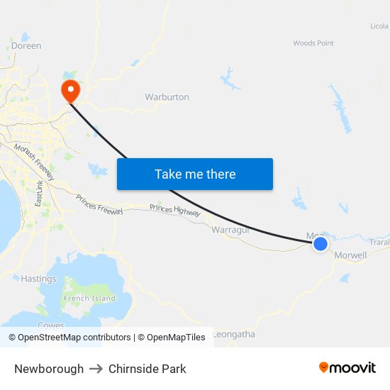 Newborough to Chirnside Park map