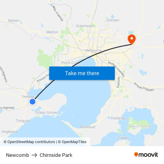 Newcomb to Chirnside Park map