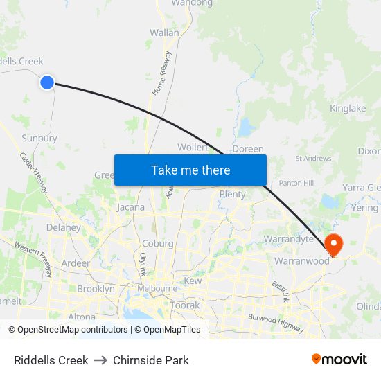 Riddells Creek to Chirnside Park map