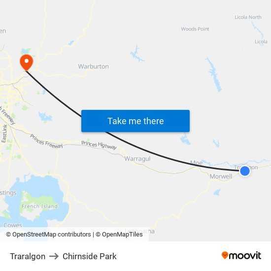 Traralgon to Chirnside Park map