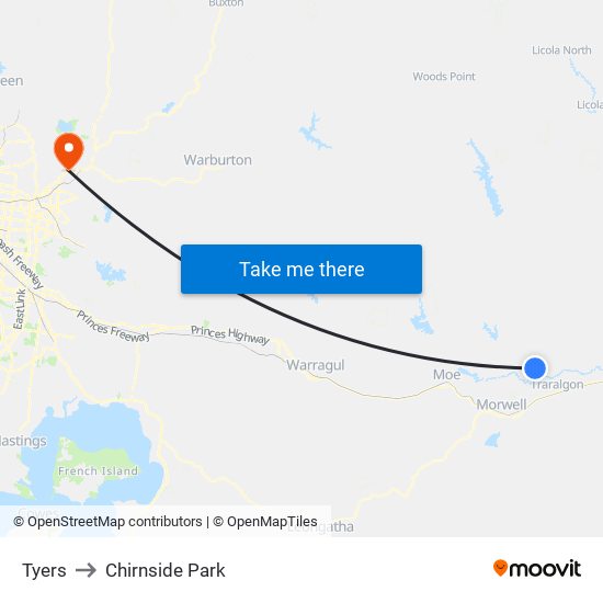 Tyers to Chirnside Park map