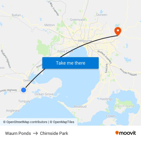 Waurn Ponds to Chirnside Park map