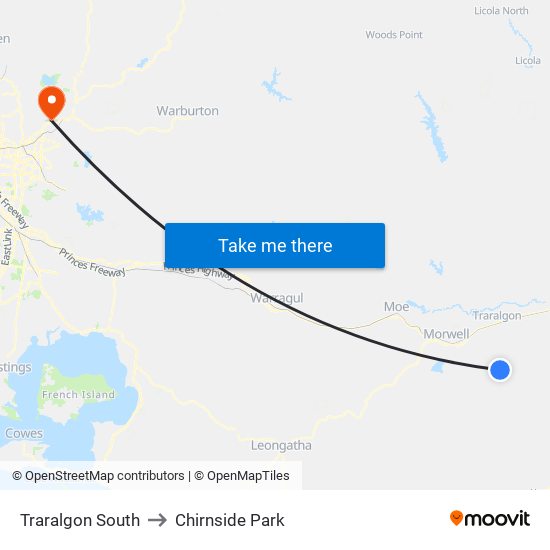 Traralgon South to Chirnside Park map